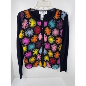 Joseph A. Womens Cardigan Sweater Black Multicolor Pom Pom Floral Knit Size M